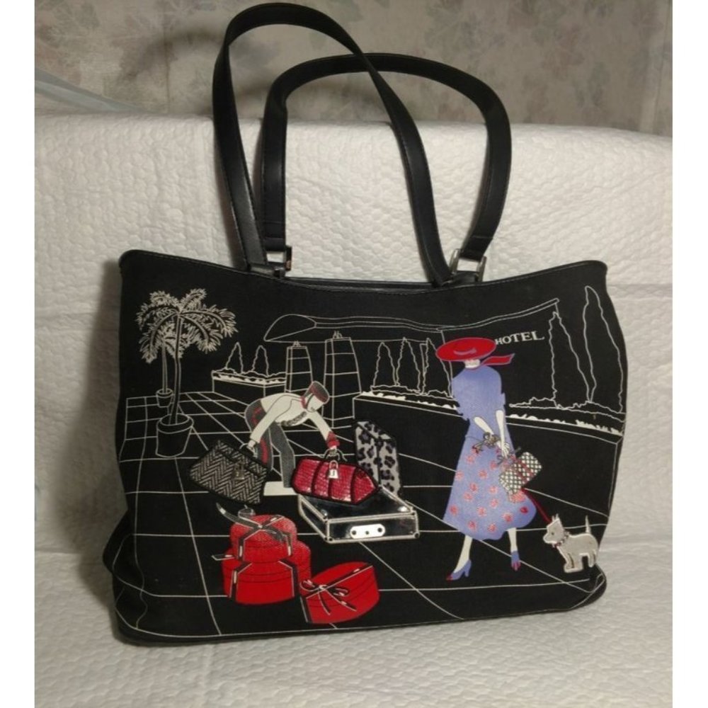 RARE "VB" Black & White VTG Canvas Tote Bag Graphic BELLBOY WOMAN HOTEL DOG  ANB